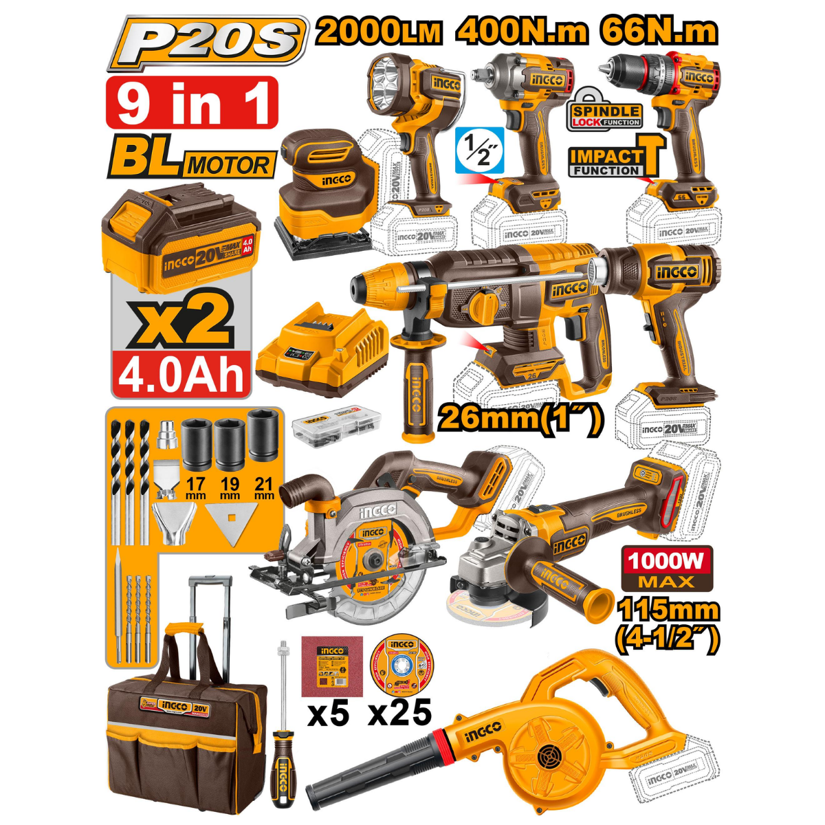 Special - Ultimate Ingco Combo Deal 328 Pcs Hand Tools & 9 Pcs Cordless Power Tool Kit With Batteries & Charger