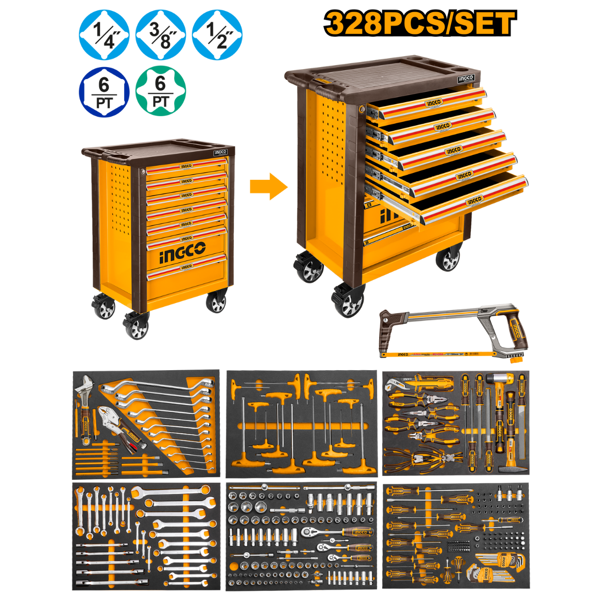 Special - Ultimate Ingco Combo Deal 328 Pcs Hand Tools & 9 Pcs Cordless Power Tool Kit With Batteries & Charger