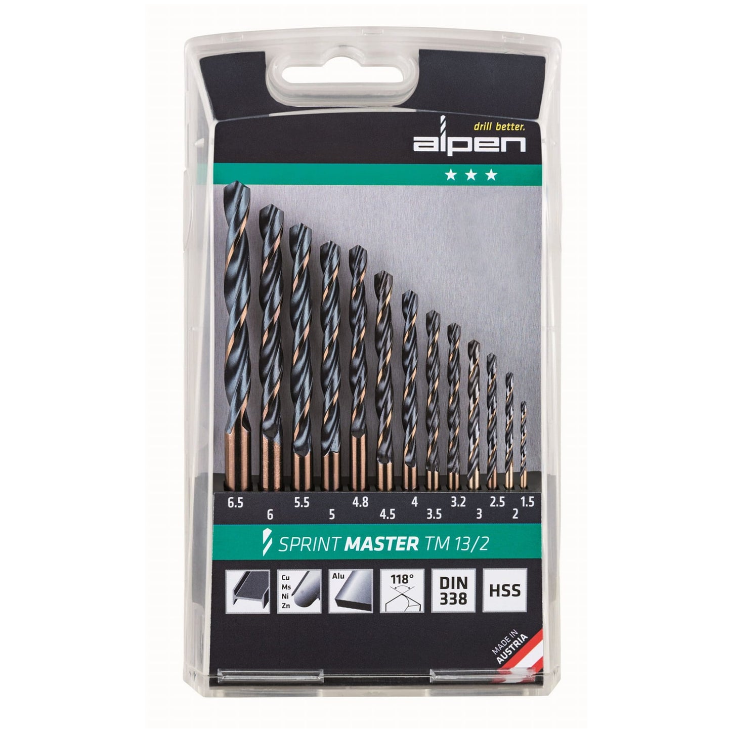 Alpen Hss Sprint Master Drill Bit Set 13 Piece 1.5-6.5 3.2+4.8 Tm13-2