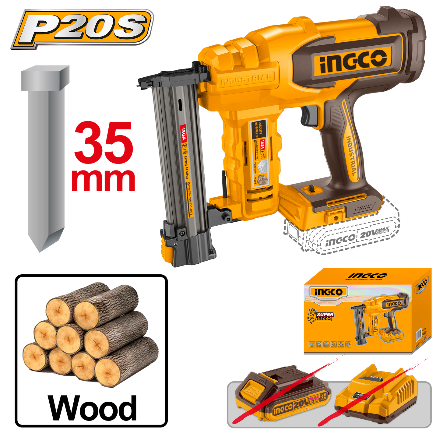 Ingco Cordless Brad Nailer 20V 35mm (Tool only) CBNLI2005