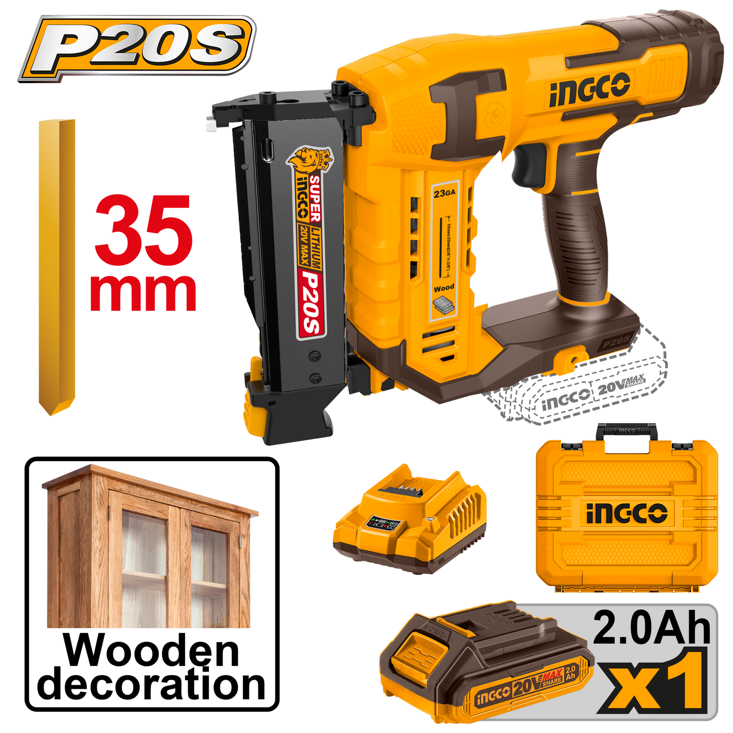 Ingco Cordless Pin Nailer 20V Kit CBNLI3606