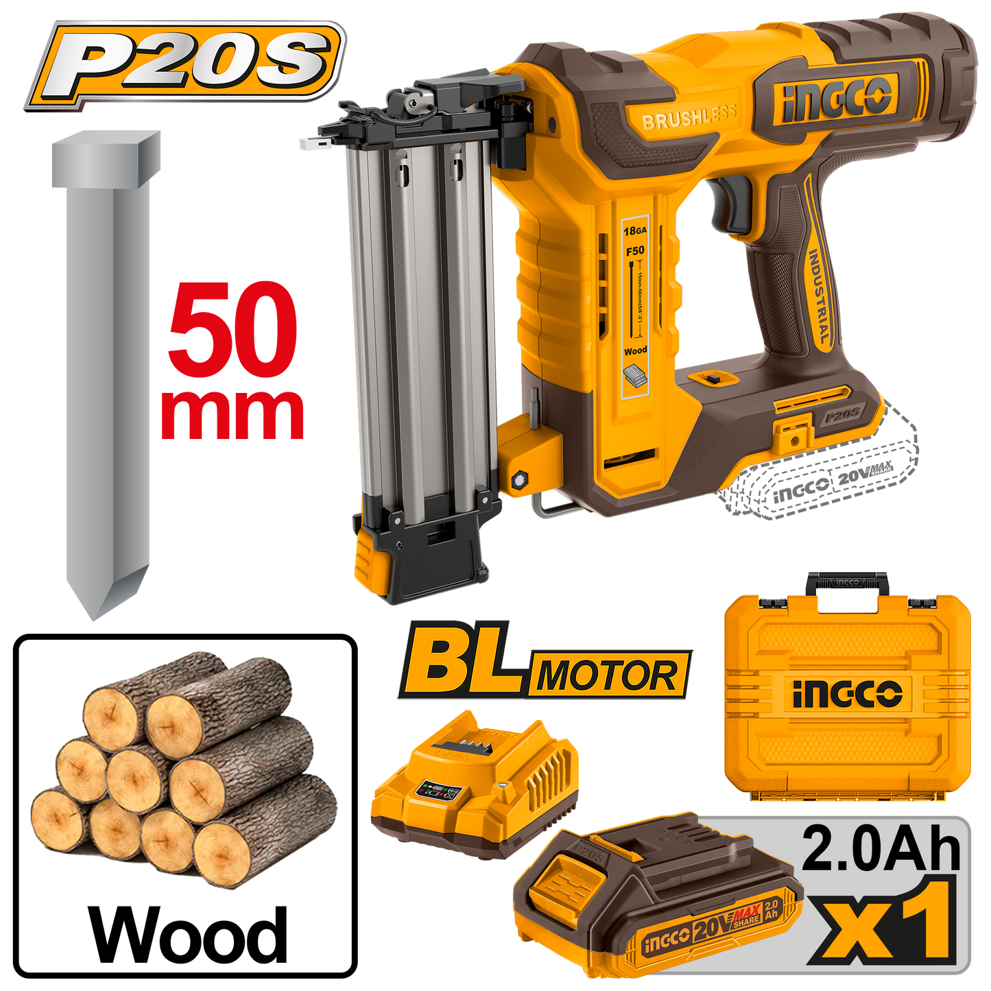 Ingco Cordless Brad Nailer F15-50 20V Kit CBNLI5008