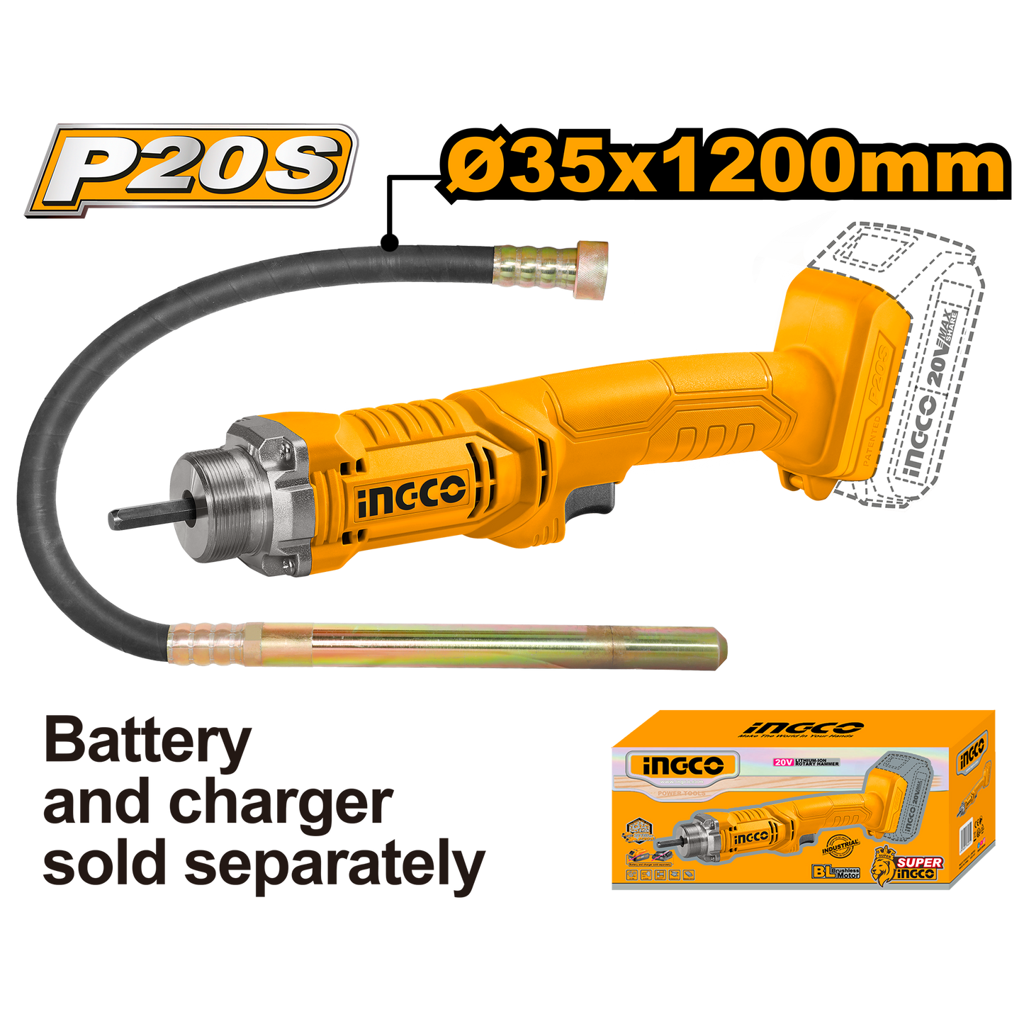 Ingco Cordless Concrete Vibrator 20V (Tool only) CCVLI202301