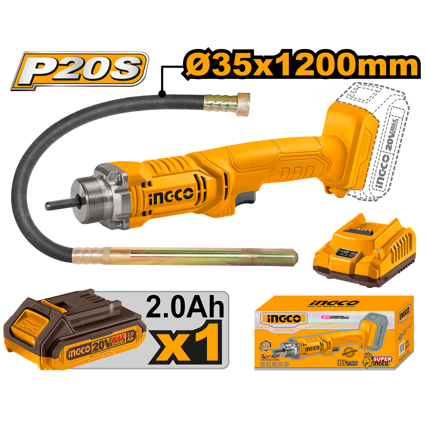 Ingco Cordless Concrete Vibrator 20V Kit CCVLI2023011
