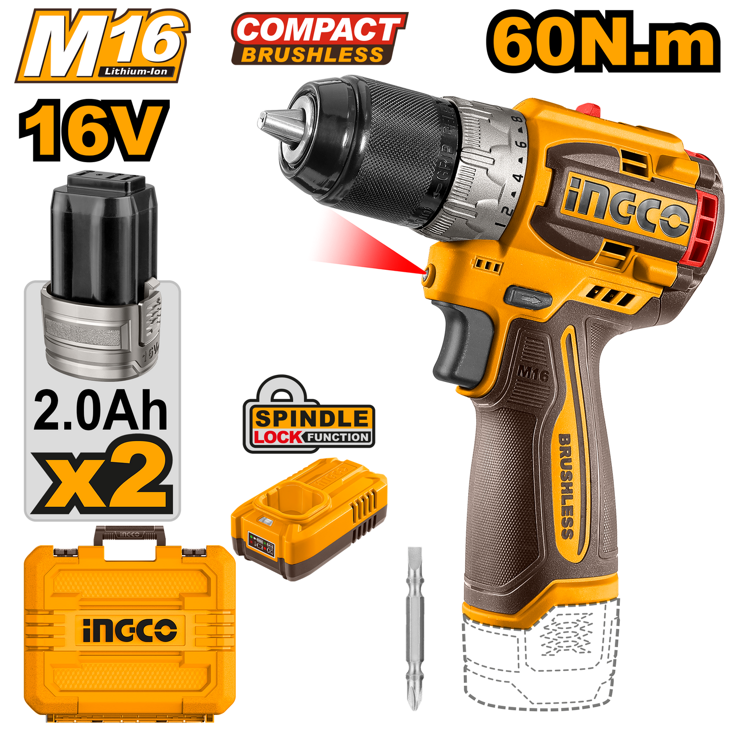 Ingco Cordless Drill 60Nm Brushless 16V Kit