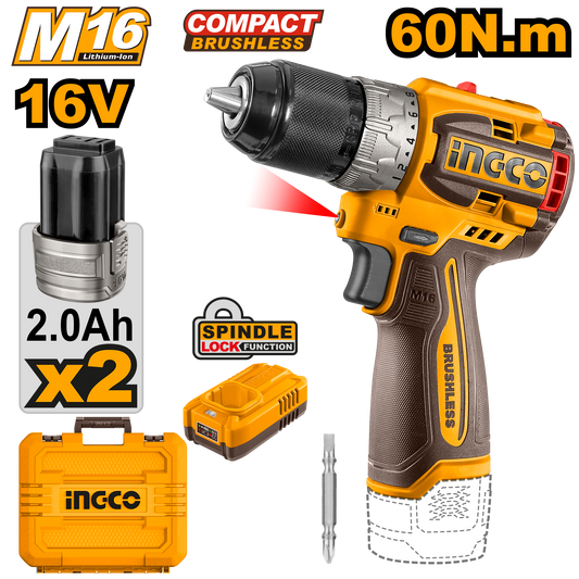 Ingco Cordless Drill 60Nm Brushless 16V Kit