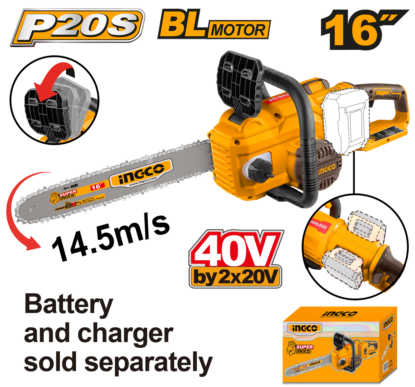 Ingco Cordless Chainsaw Brushless 16" 40V (Tool only) CGSLI40168