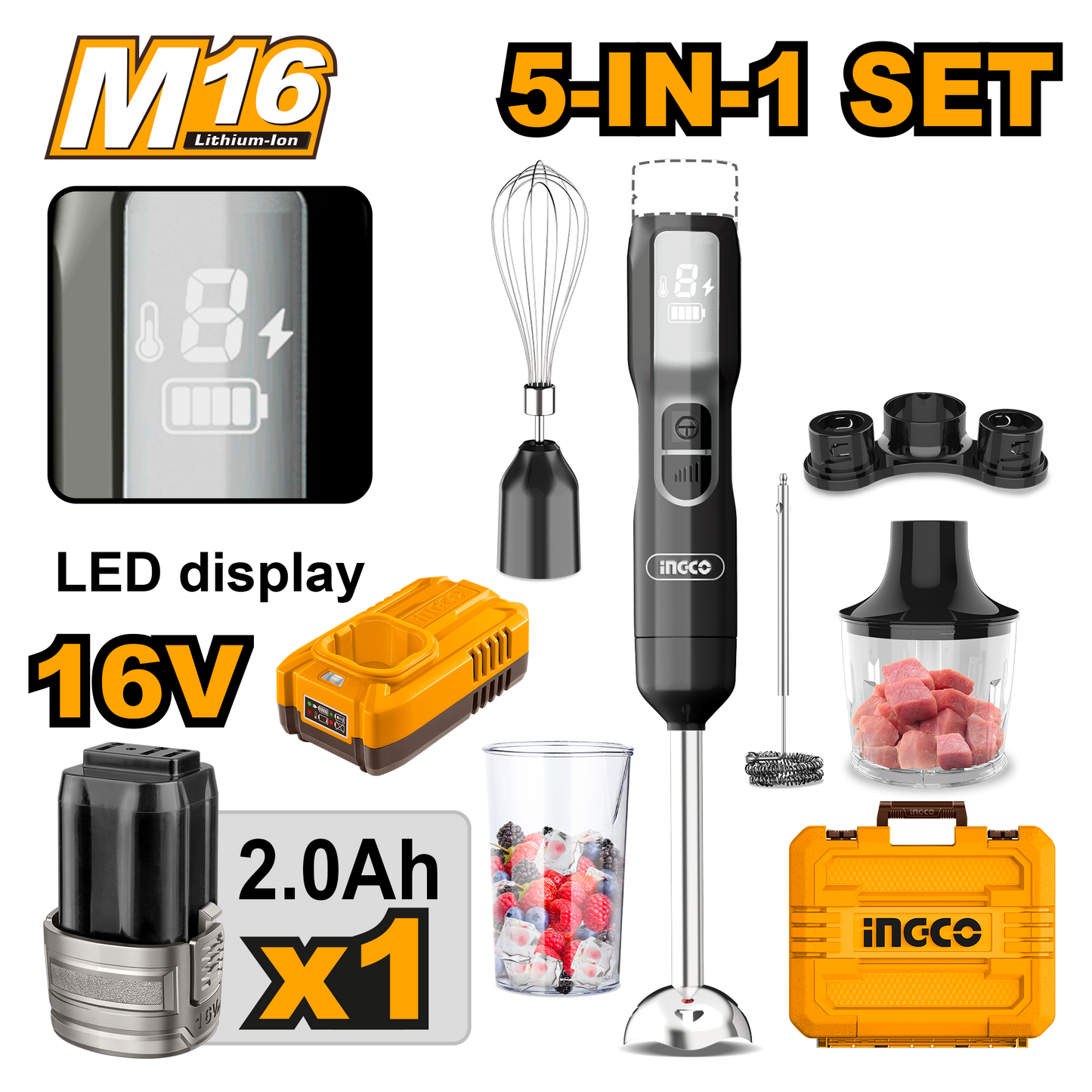Ingco Cordless Hand Blender 16V 5-in-1 100W + Acc Kit
