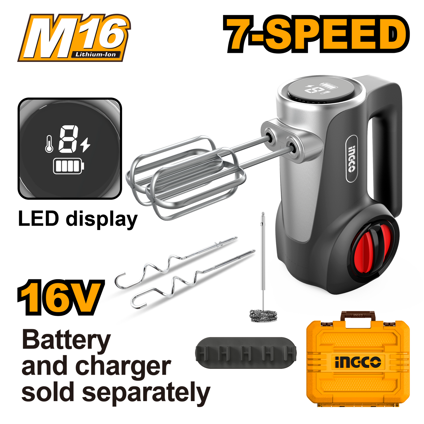 Ingco Cordless Hand Mixer 125W 7 Speed 16V