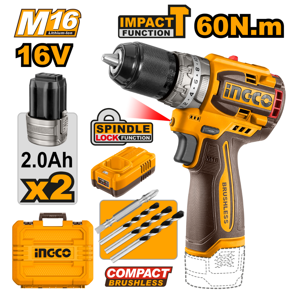 Ingco Cordless Impact Drill 60Nm 16V Kit CIDLI16682