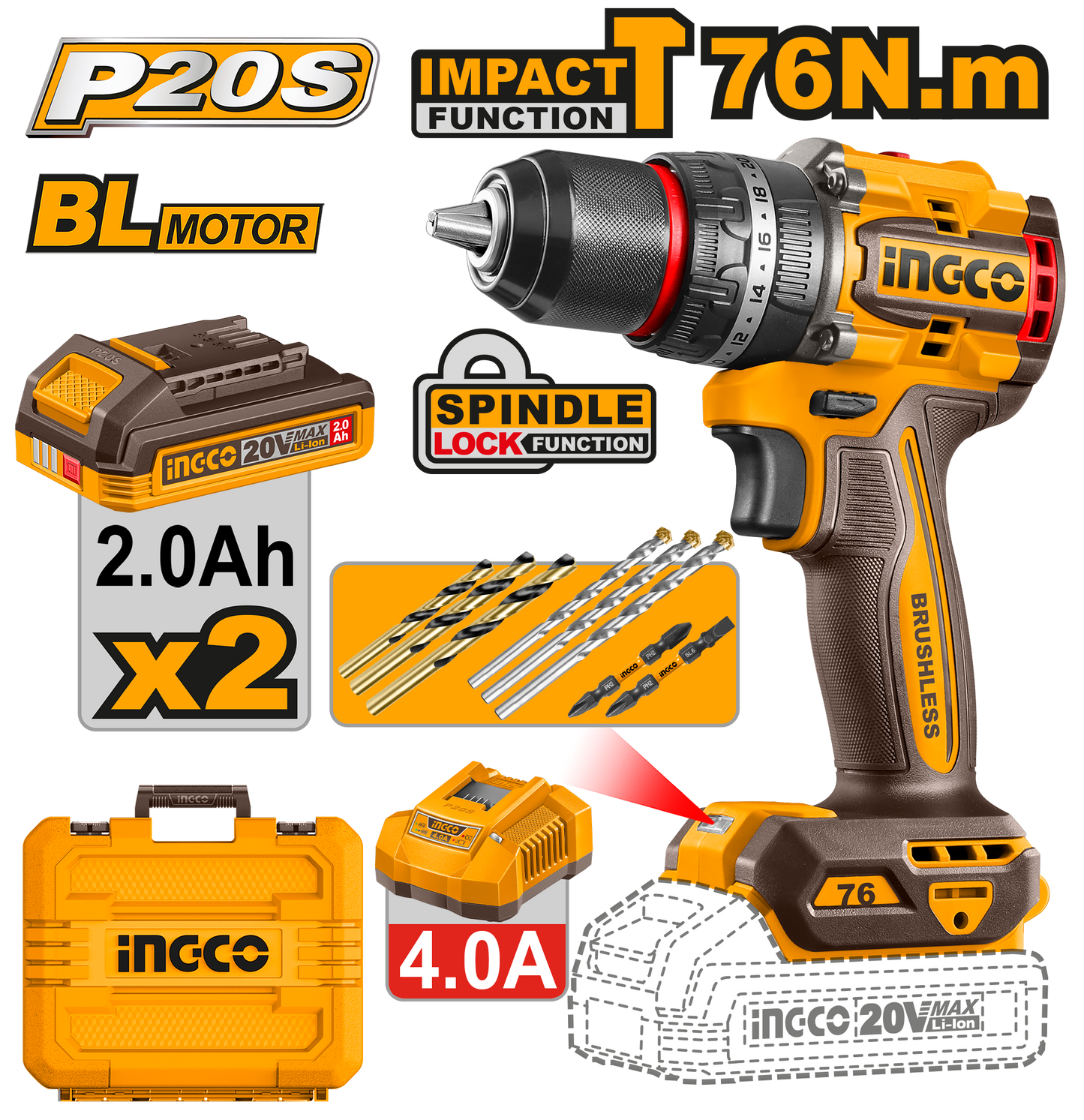 Ingco Cordless Impact Drill Kit 76Nm Brushless 20V (Compact)