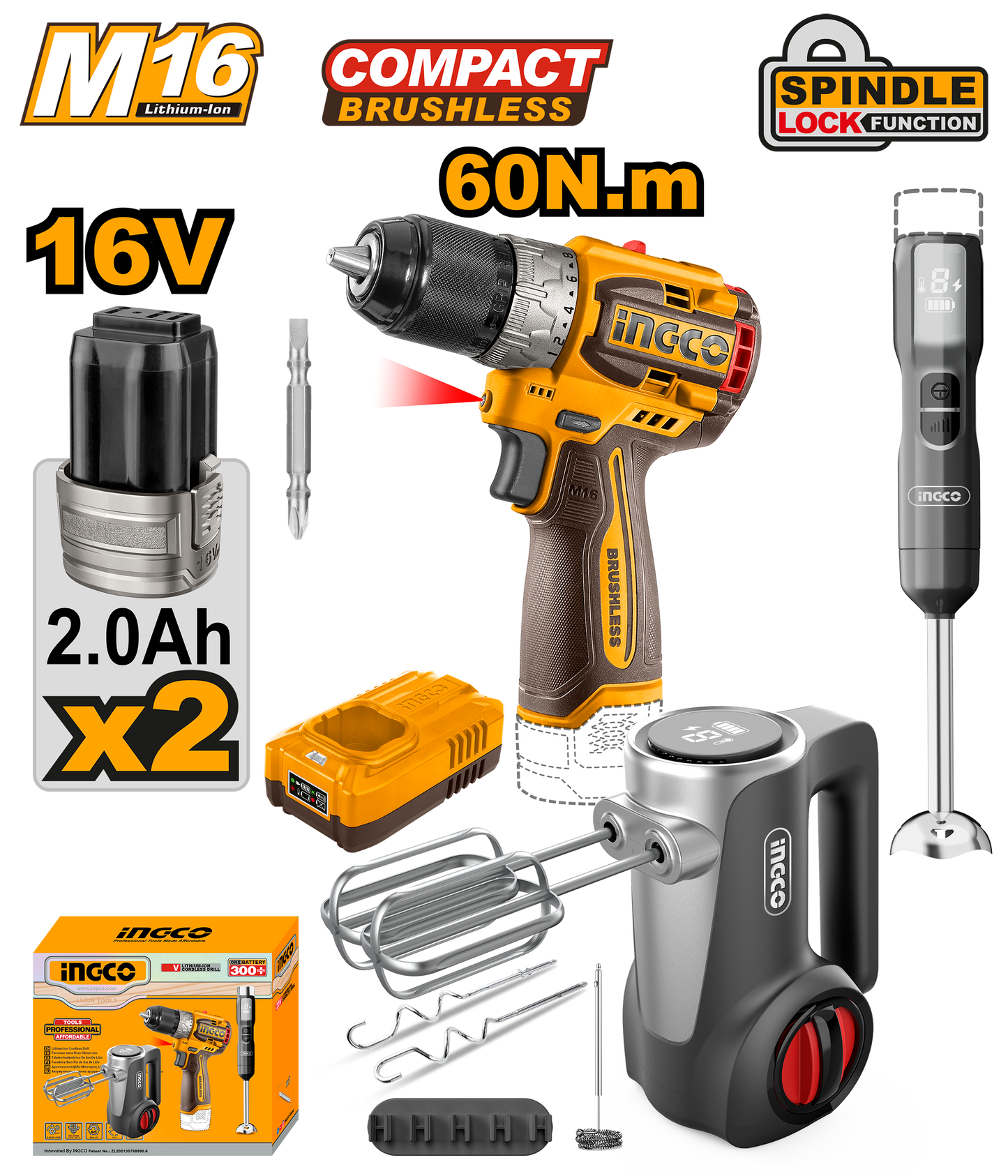 Ingco Cordless Drill with 2x Home Combo Kit 3Pcs 16V