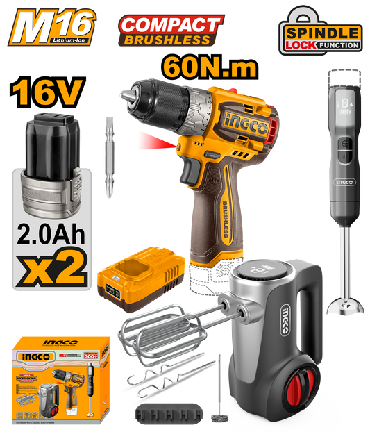 Ingco Cordless Drill with 2x Home Combo Kit 3Pcs 16V