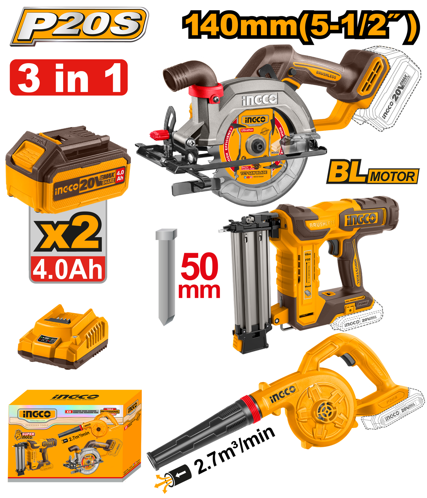 Ingco Cordless Blower, Brad Nailer & Circular Saw 3 Piece Combo Kit CKLI25032802