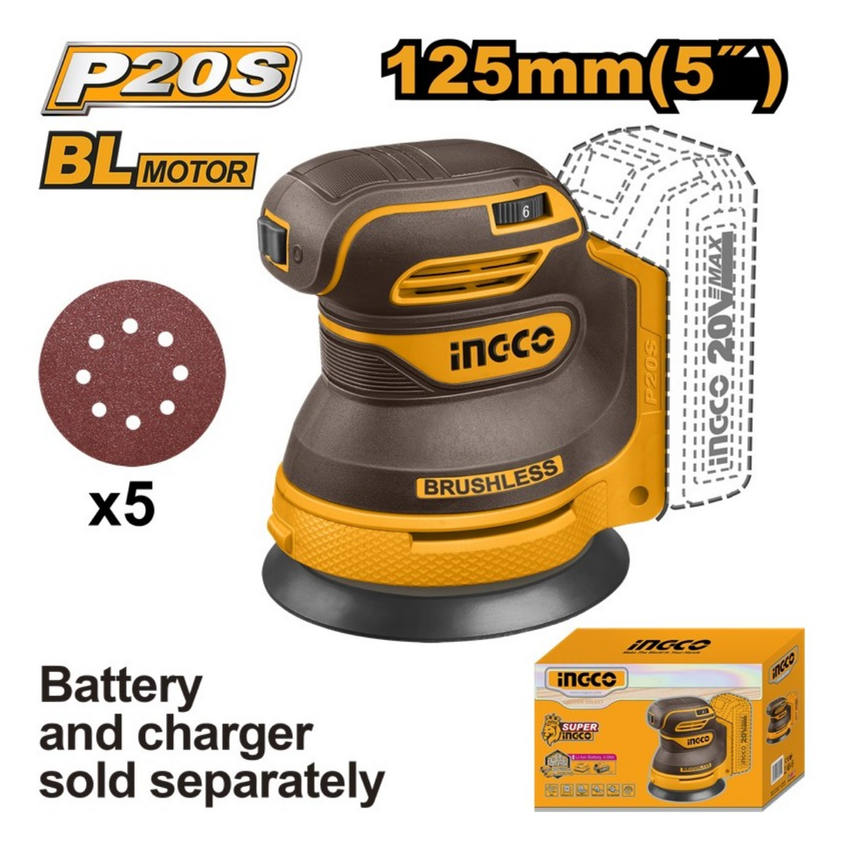 Ingco Cordless Random Orbit Sander 125MM 20V (Tool only) CROSLI2002
