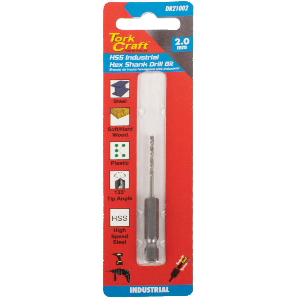Tork Craft Drill Hss 2.0Mm 135Deg 1/Card Hex Shank Industrial Bit