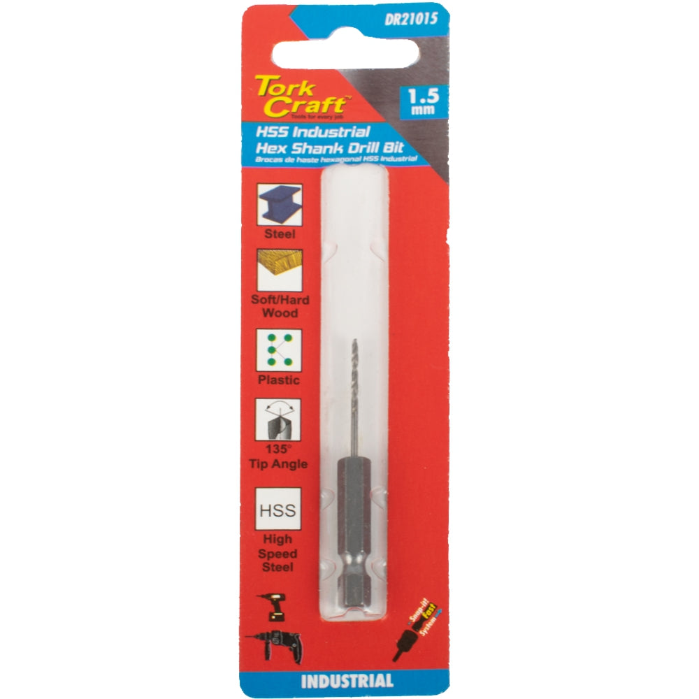 Tork Craft Drill Hss 1.5Mm 135Deg 1/Card Hex Shank Industrial Bit