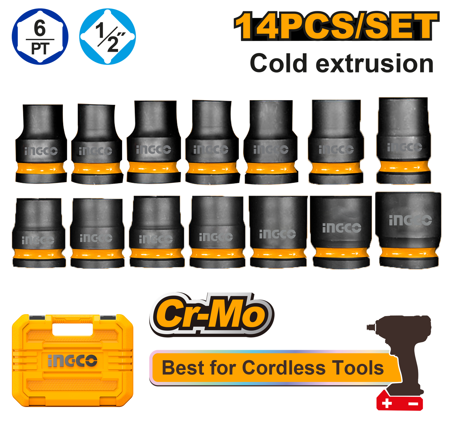 Ingco Impact Socket Set 1/2 14Pc