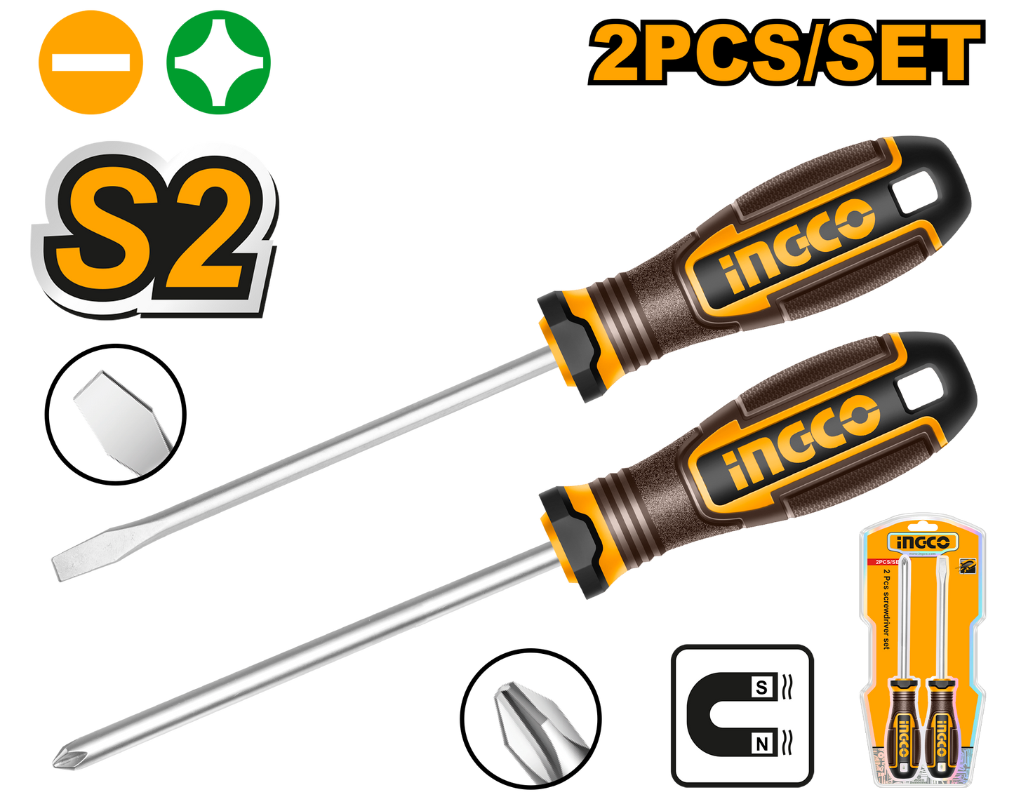 Ingco S/Driver S2 Set Ph&Slotted Mag 2Pc