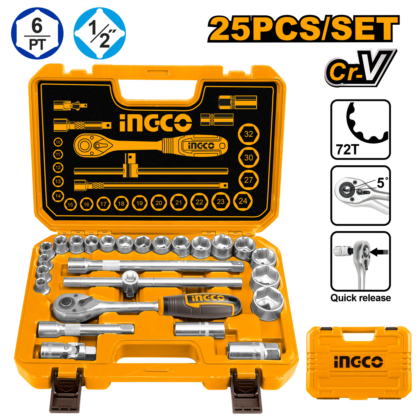 Ingco Socket Set 1/2" 25Pc 10-32 Bmc