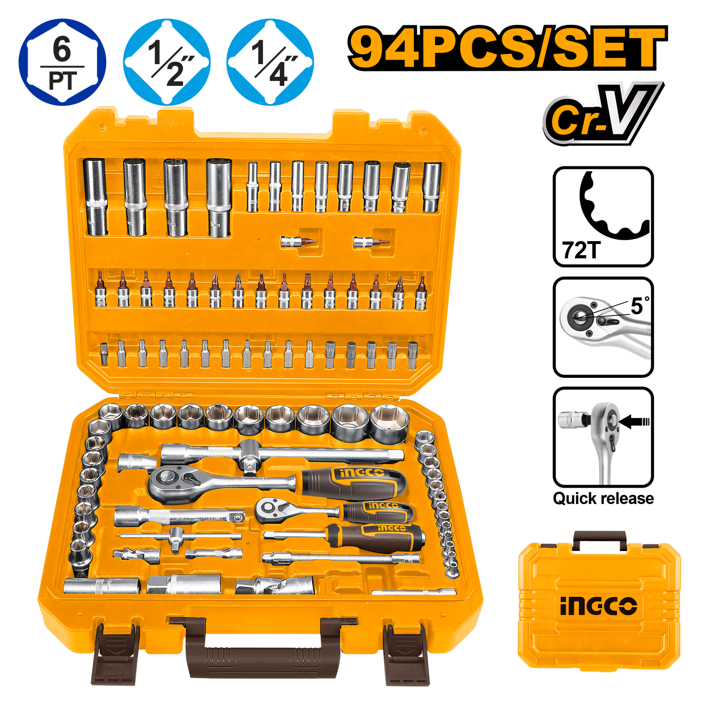 Ingco Socket Set 1/4+1/2 94Pc Bmc