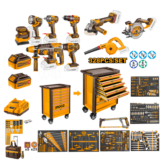 Special - Ultimate Ingco Combo Deal 328 Pcs Hand Tools & 9 Pcs Cordless Power Tool Kit With Batteries & Charger