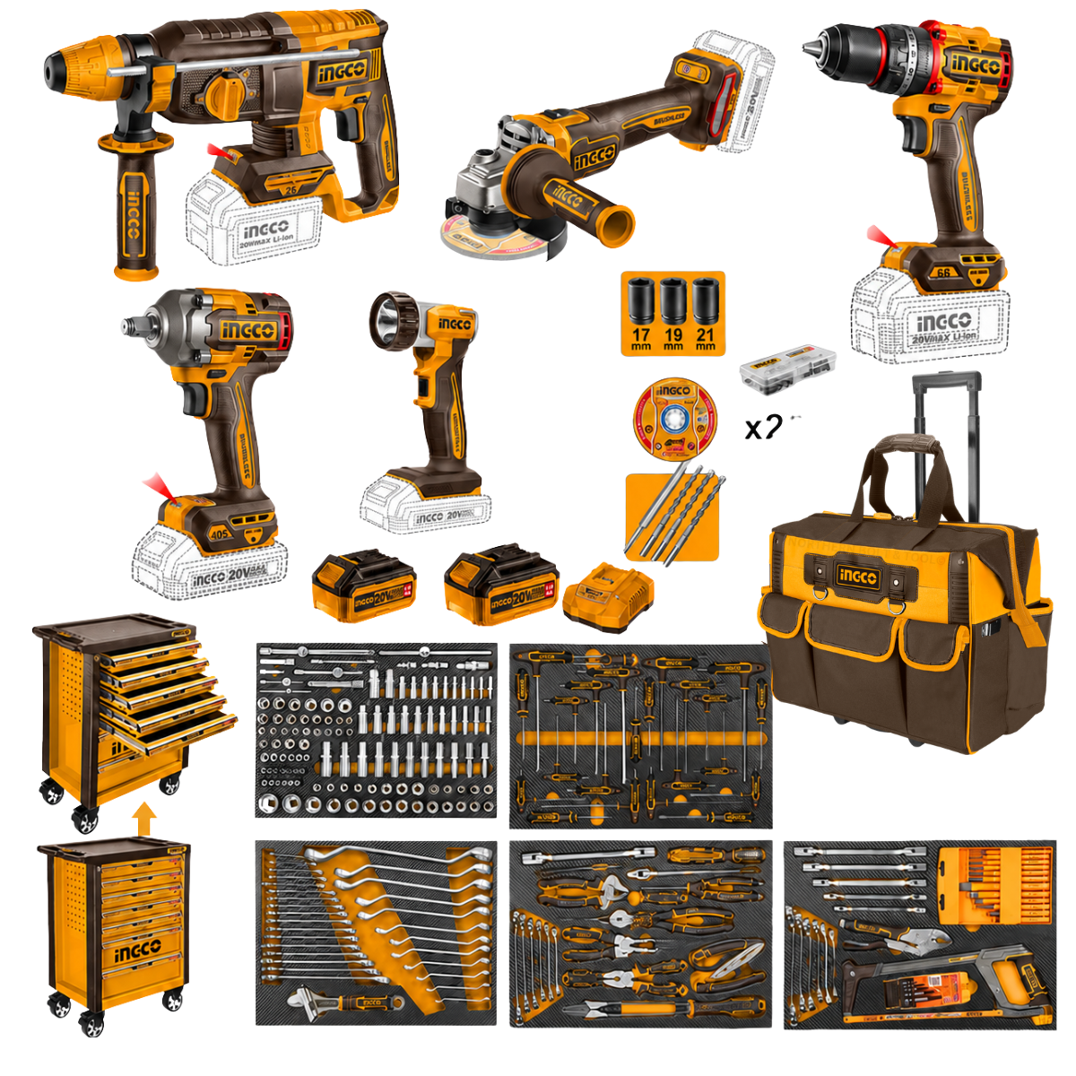 Ingco Ultimate Cordless Tool Kit and 356 Pcs Tool Trolley Combo Kit