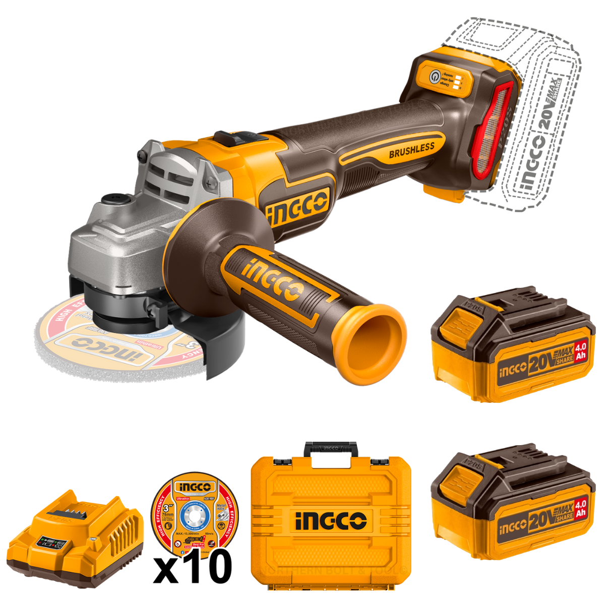 Ingco Cordless Angle Grinder 115mm Brushless 20V Kit Northern Bolt Tool