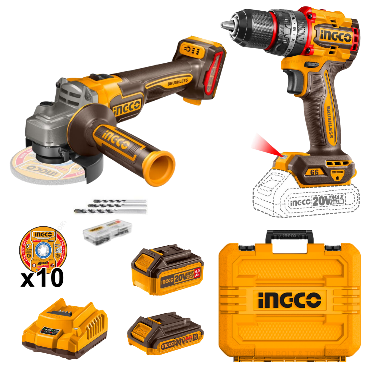 Ingco Cordless Angle Grinder & 66Nm Drill 20V Combo kit CKLI20273