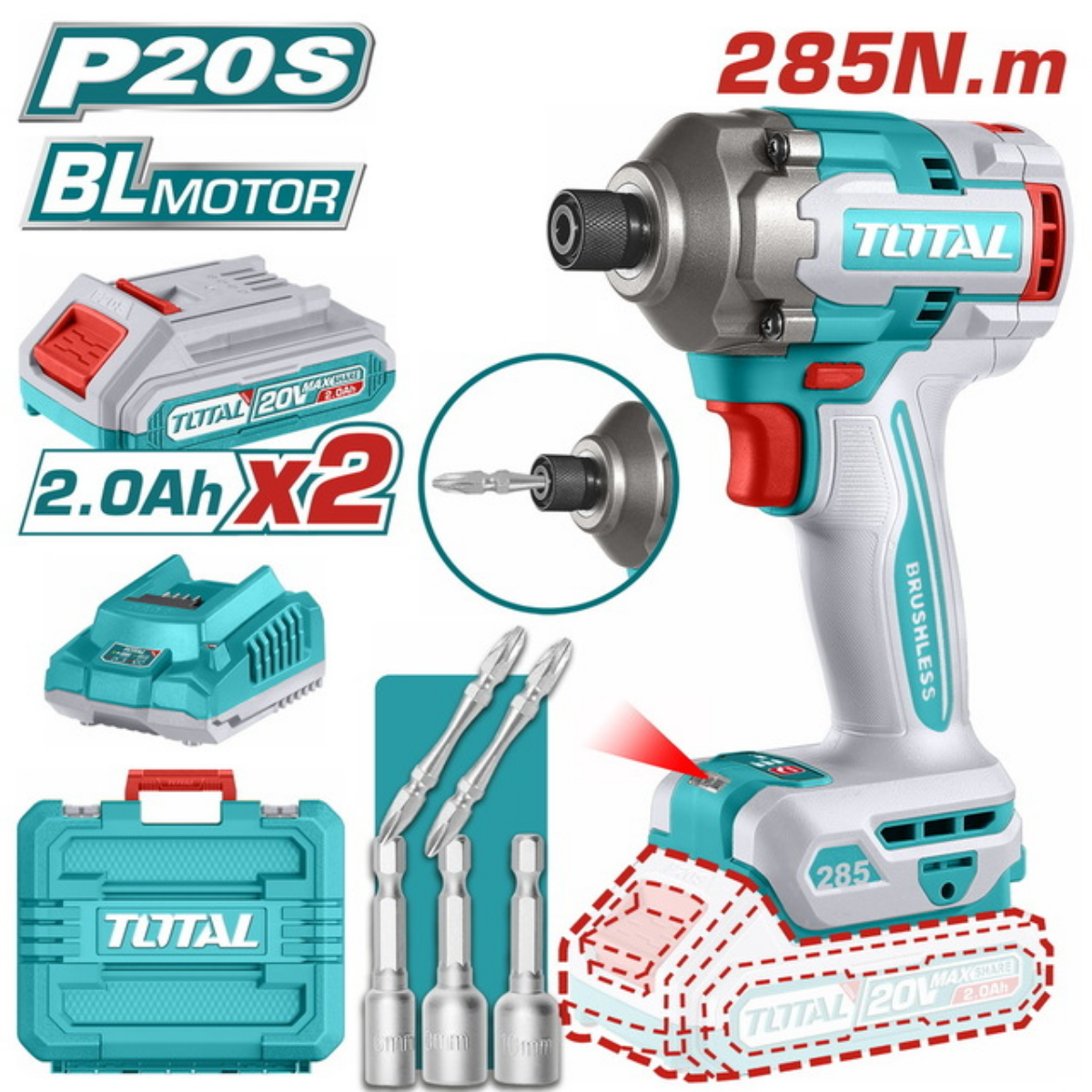 Total Cordless Impact Driver 285Nm 20V (Brushless) Kit TIRLI2028E