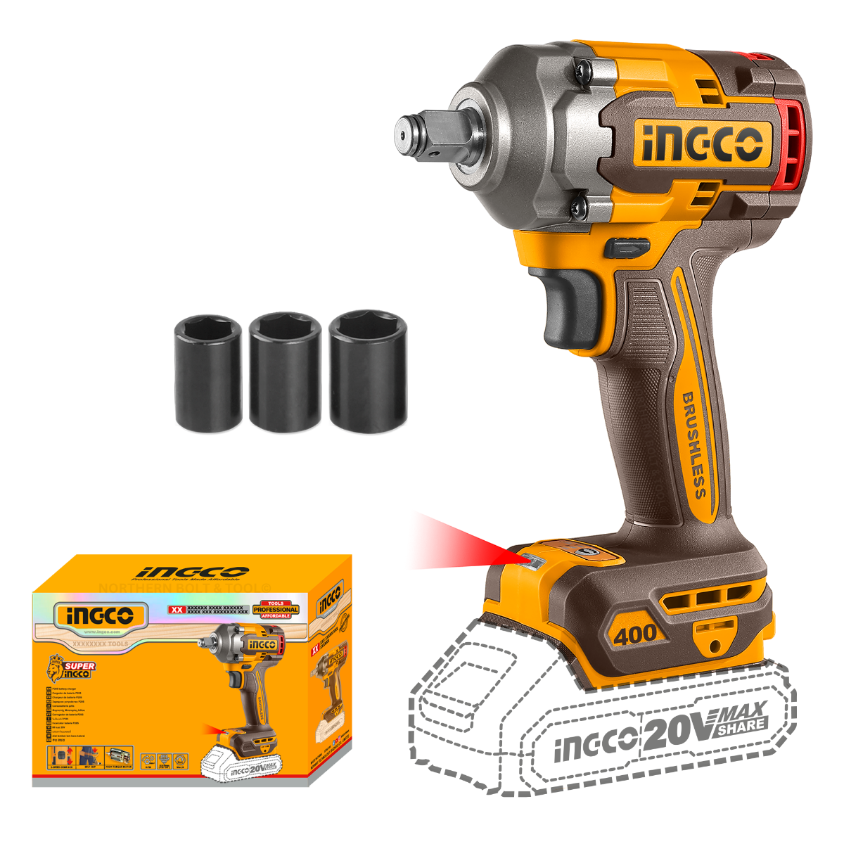 Ingco Cordless Impact Wrench 400Nm 20V (Tool Only) CIWLI20401