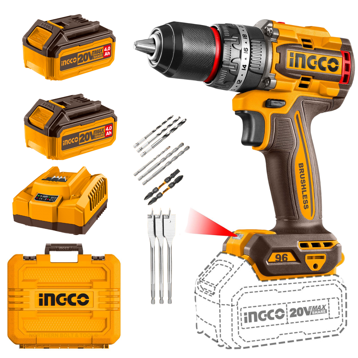Ingco Cordless Impact Drill 96Nm Brushless 20V Kit CIDLI20968