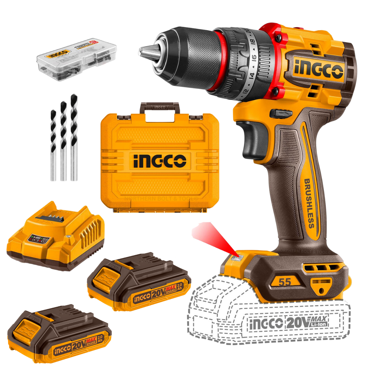 Ingco Cordless Impact Drill 55Nm Brushless 20V Compact Kit CIDLI20558