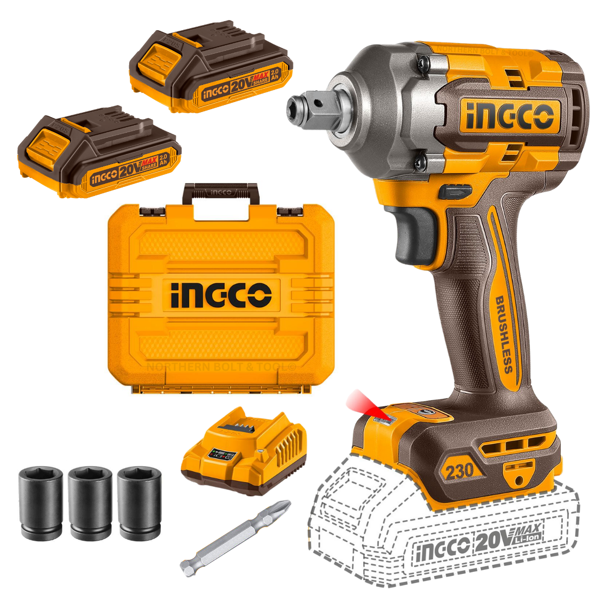 Ingco Cordless Impact Wrench 230Nm 20V Kit CIWLI20236