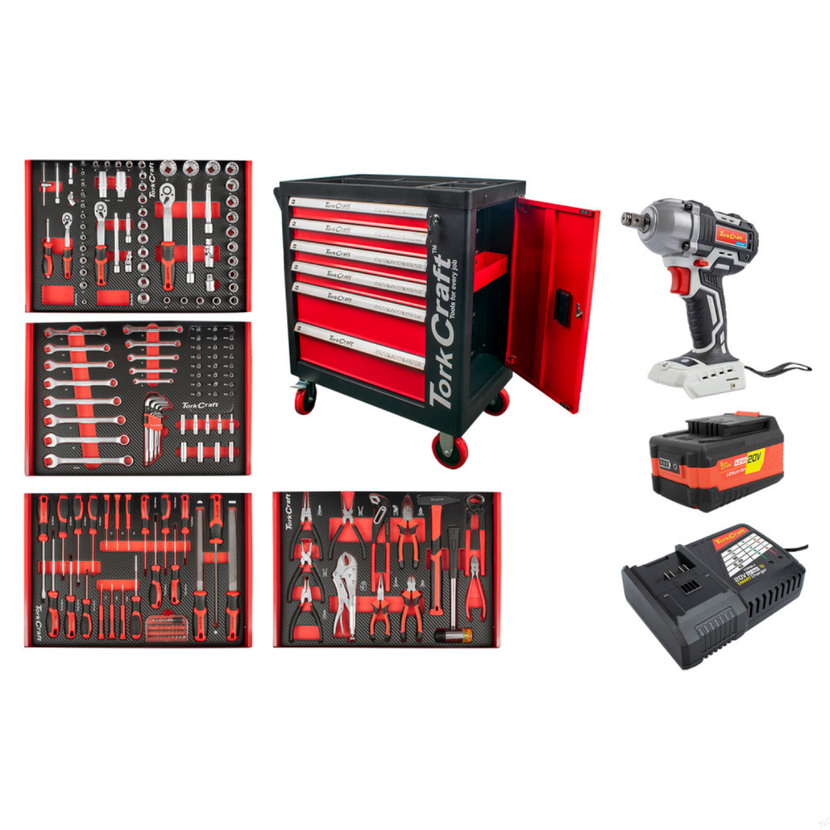 Tork Craft 6 Drawer Cabinet 184pc + Cordless Impact Wrench 450Nm Kit TORKIT056