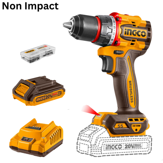 Ingco Cordless Compact Drill 55Nm Brushless 20V Kit - Non Impact CDLI205582