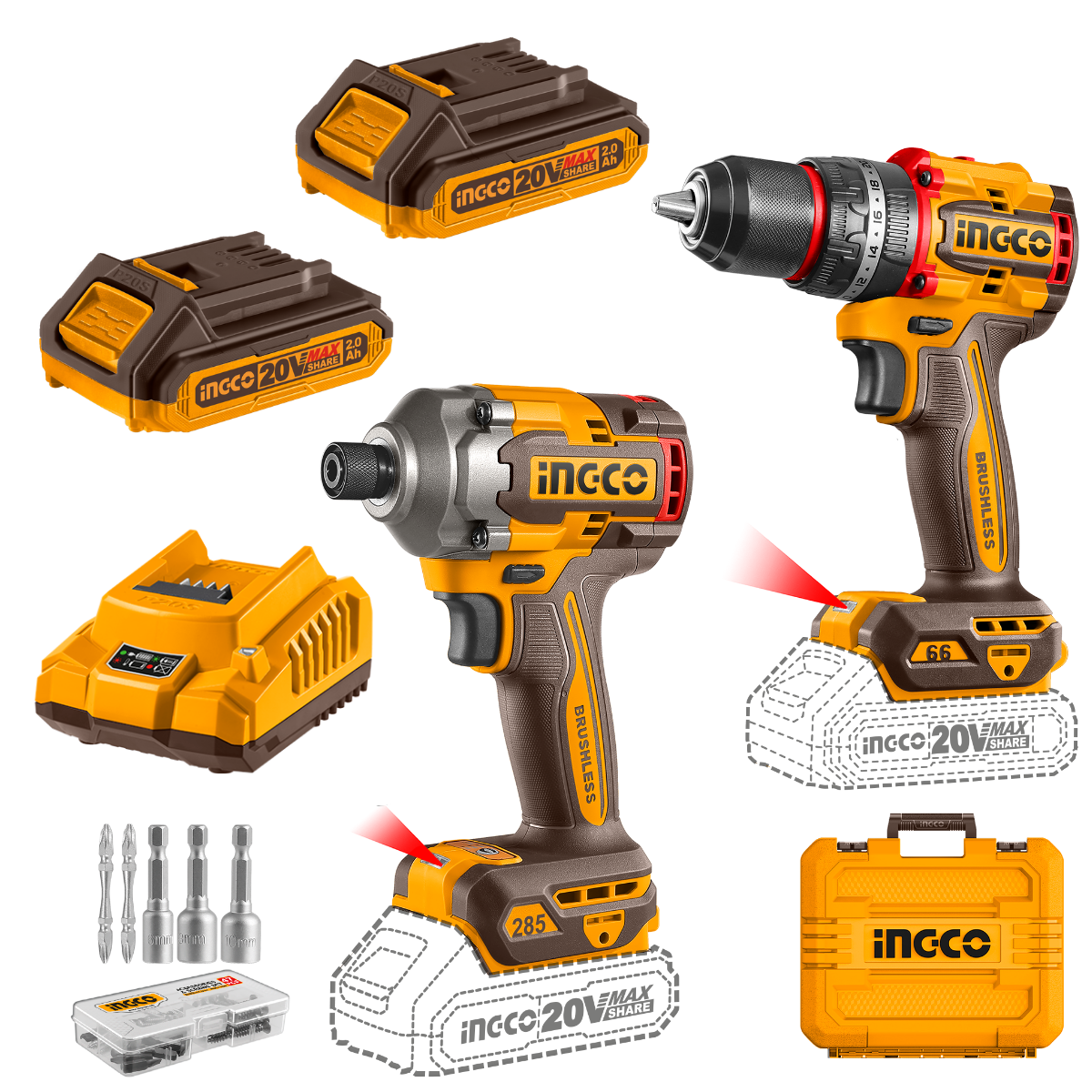 Ingco Cordless Impact Driver & Impact Drill (66Nm) 20V Combo Kit CKLI20277