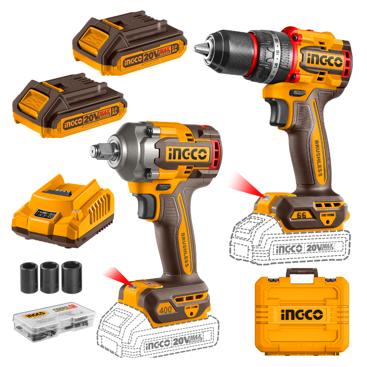 Ingco Cordless Impact Drill (66Nm) Impact Wrench 20V Kit