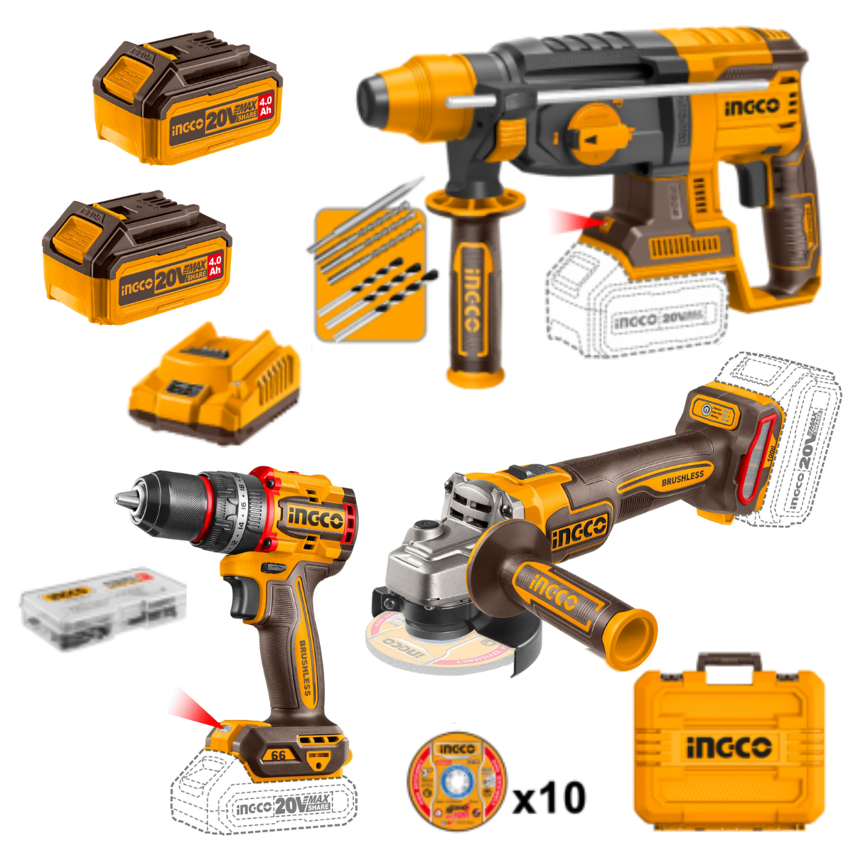 Ingco Cordless Impact Drill, Angle Grinder and Rotary Drill 20V Combo Kit COSLI241192