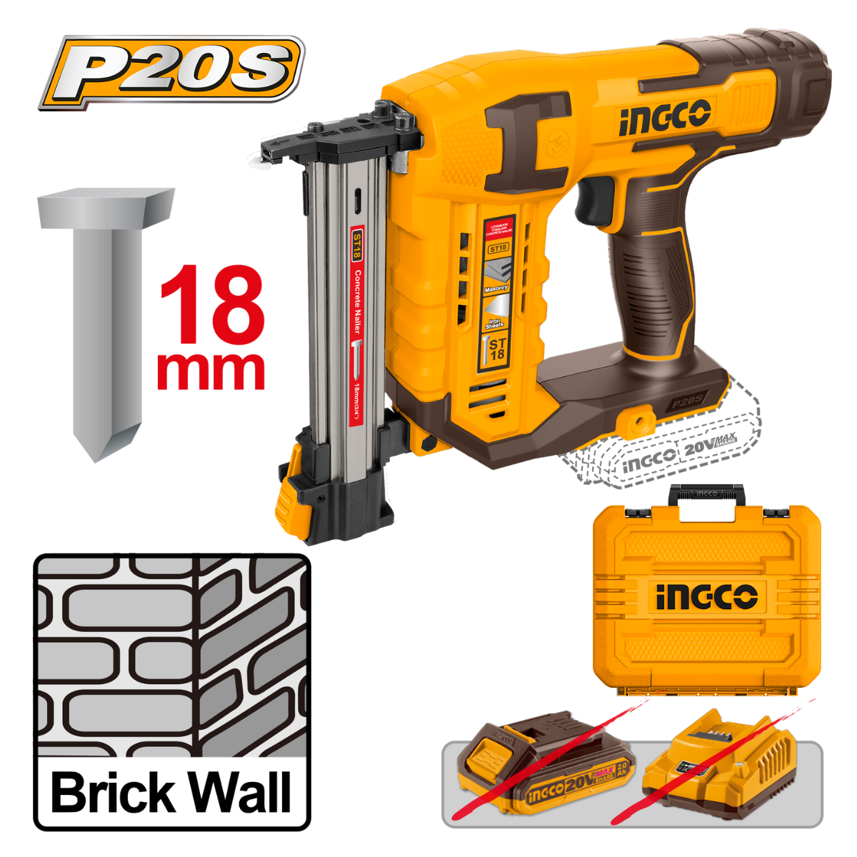 Ingco Cordless Concrete/Brick Nailer 20V (Tool only) CSTLI3805