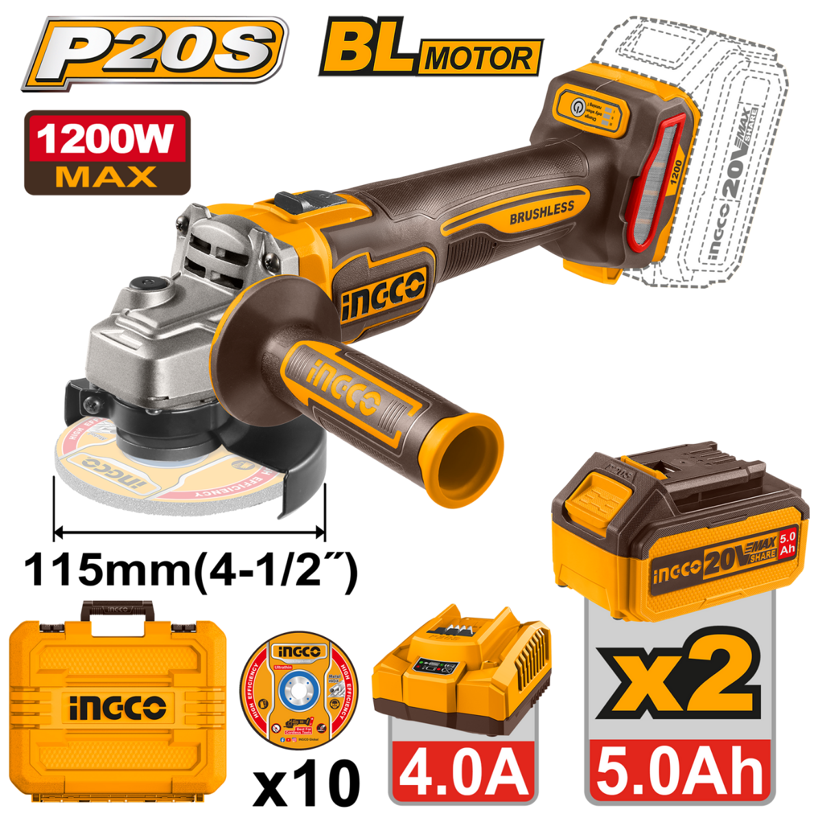 Ingco Cordless Angle Grinder 1200W 115mm 20V Kit CAGLI2211532