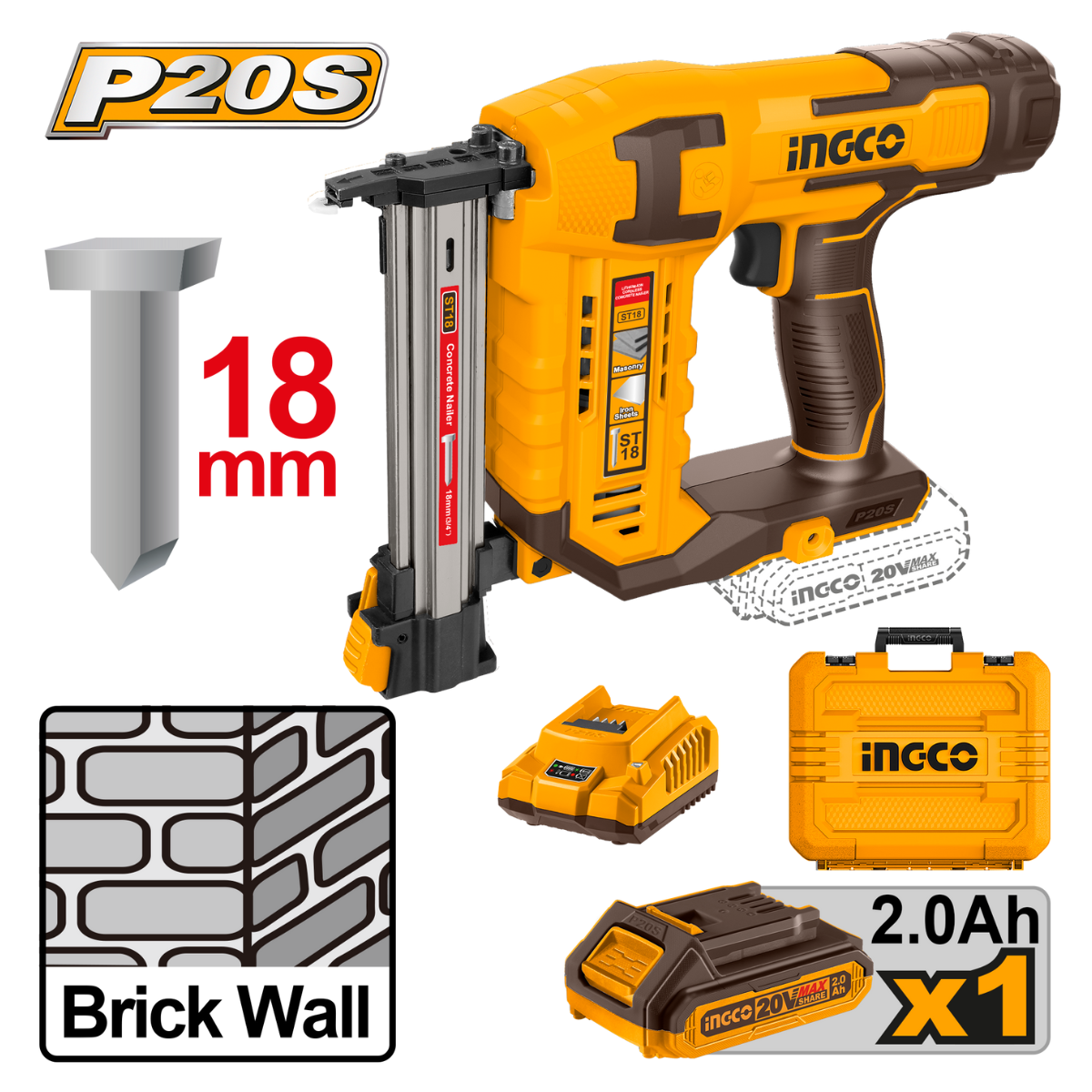 Ingco Cordless Concrete/Brick Nailer 20V Kit