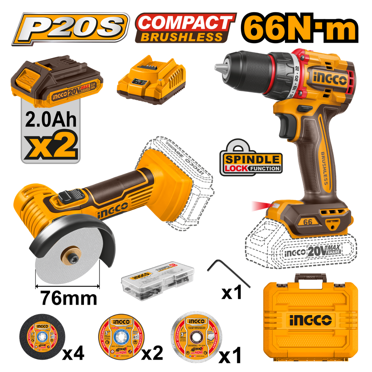 Ingco Cordless Compact Drill 66Nm & Mini Cut Off Tool Combo Kit CKLI20766