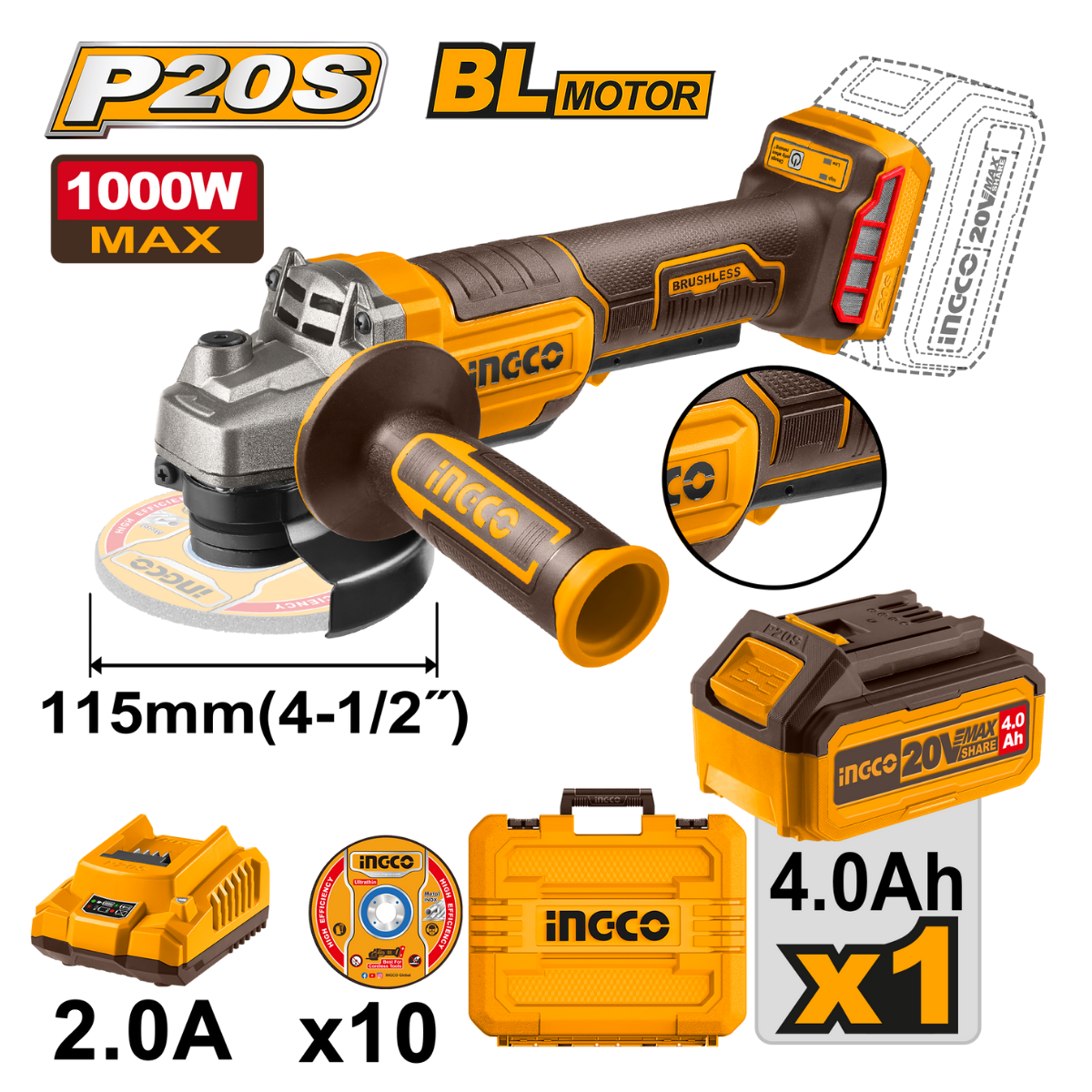 Ingco Cordless Angle Grinder 20V 115Mm Brushless Kit With Carry Case CAGLI2111561