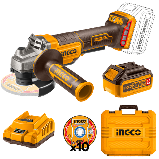 Ingco Cordless Angle Grinder 20V 115Mm Brushless Kit With Carry Case CAGLI2111561