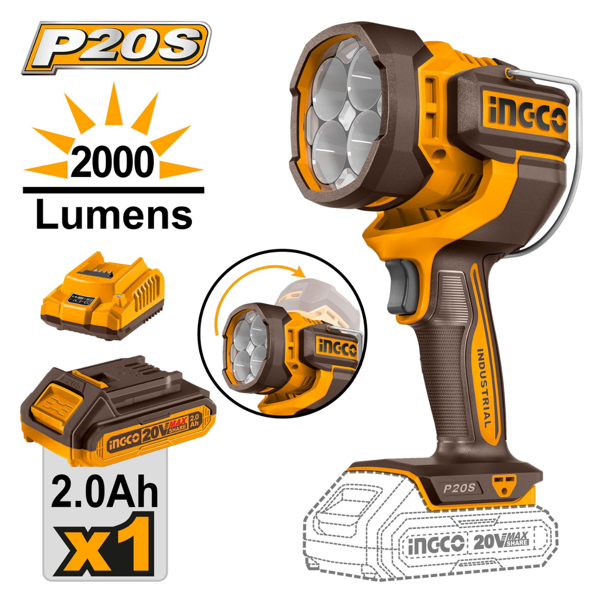 Ingco Cordless Work Lamp 20V 2000 Lumens Kit CWLI20881