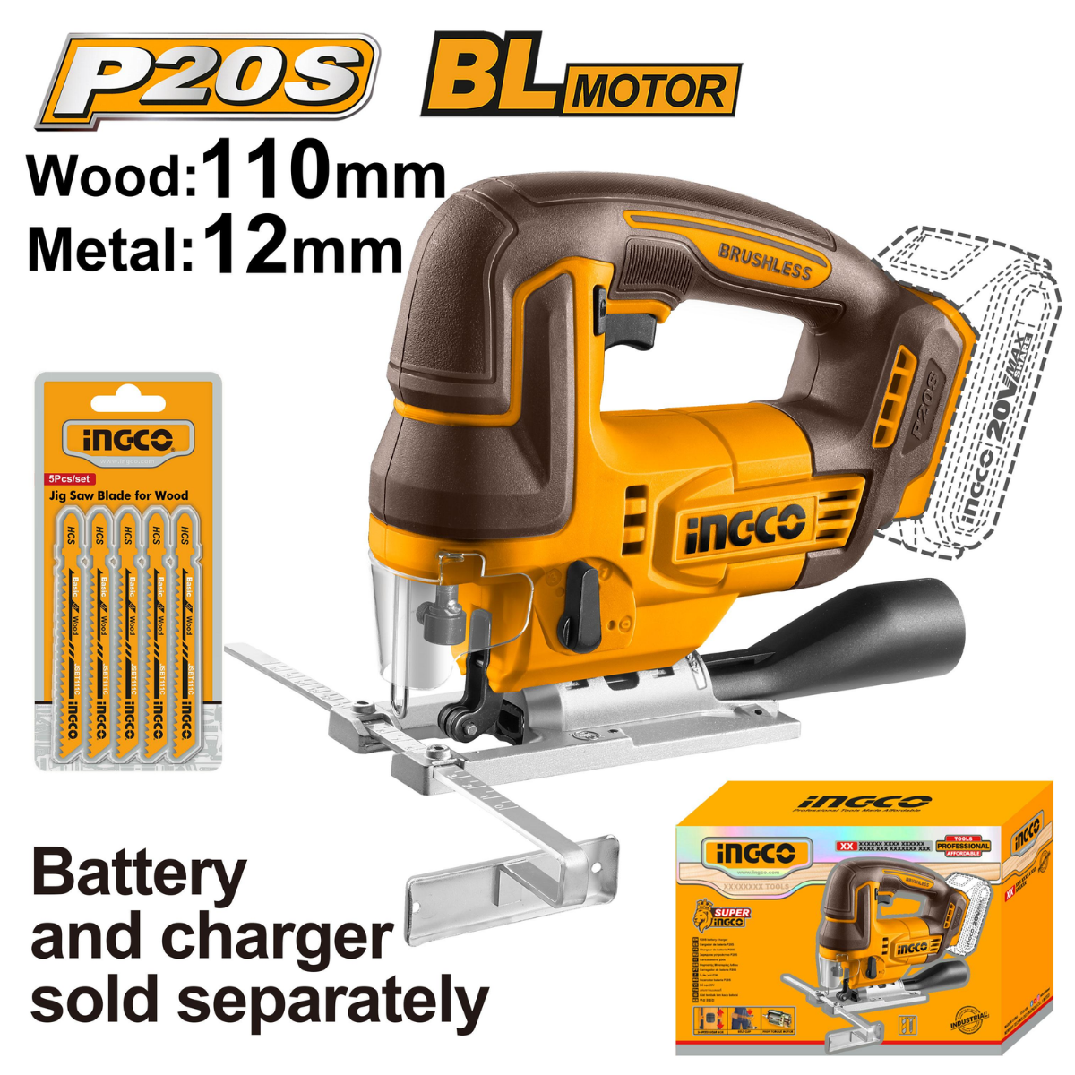Ingco Cordless Jig Saw Brushless 20V (Tool only) CJSLI1008