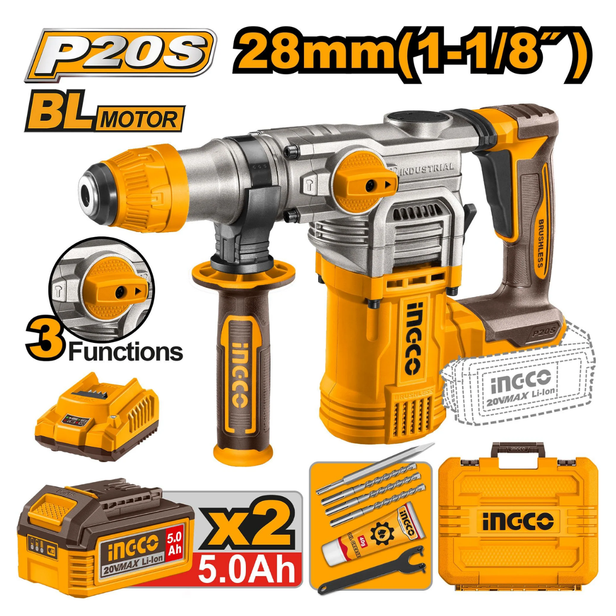 Ingco Cordless Rotary Hammer Drill 20V Kit with 2x Batteries(5Ah) CRHLI202885