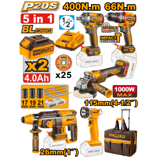 Ingco 5 Piece Brushless Industrial Combo Kit CKLI2059