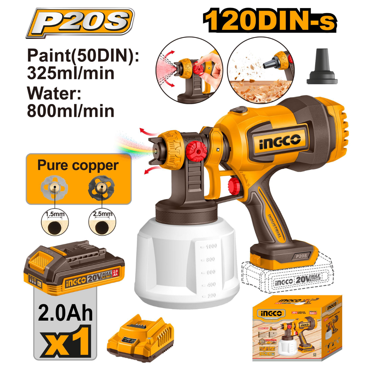 Ingco Cordless Spray Gun 1L 20V Kit CSGLI20042